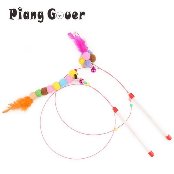 

cat toys 2pcs ball feather toy with bell teaser steel wire pet stick
