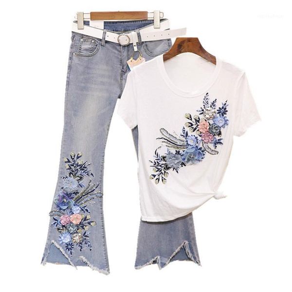 

women fashion denim suits two piece set heavy beading sequins 3d embroidery tshirts + flare jeans 2pcs sets summer female sets1, White