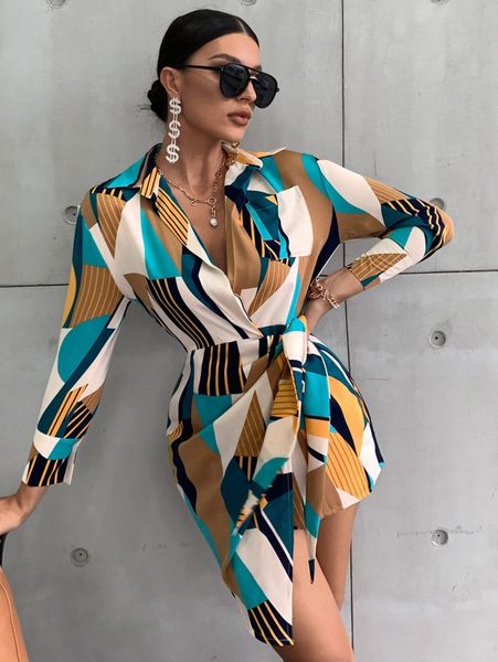 

striped geo print wrap knot side asymmetrical hem shirt dress t30e#, Black;gray