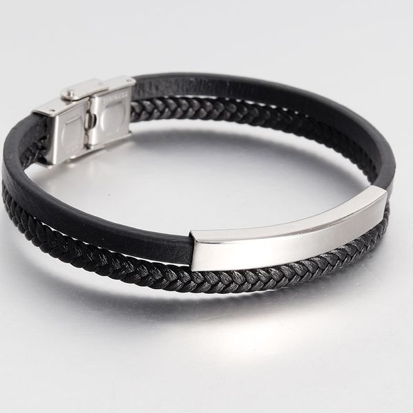 

double rope men's stainless steel handmade leather bracelet with clasp chain, Silver