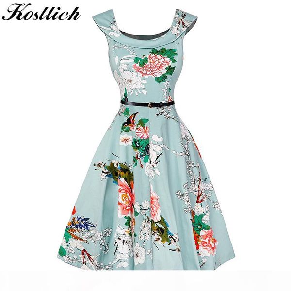 

kostlich цветочные печати женщины летние платья хепберн 50s 60s vintage платье женщины 2018 a-line бальные платья с поясом сарафаны женский, Black;gray