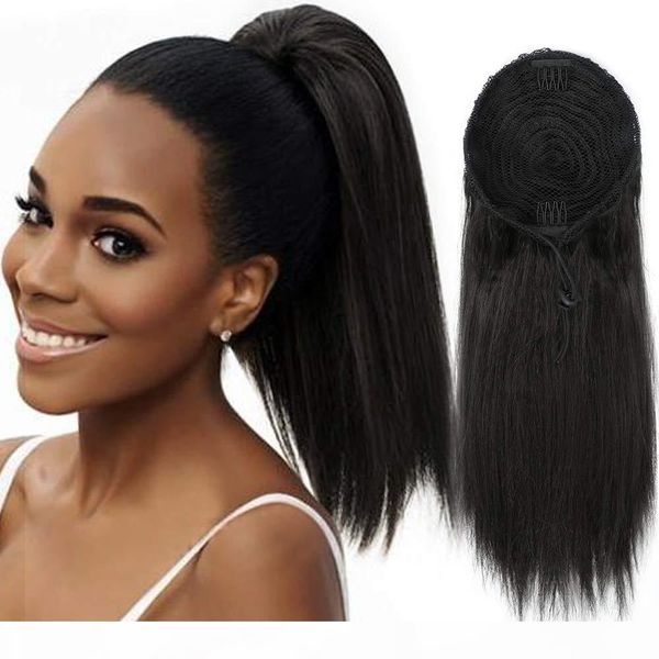 

yaki ponytail extension brazilian human hair magic paste afro kinky straight human wrap drawstring ponytail clip in hairpiece corn wave 120g, Black