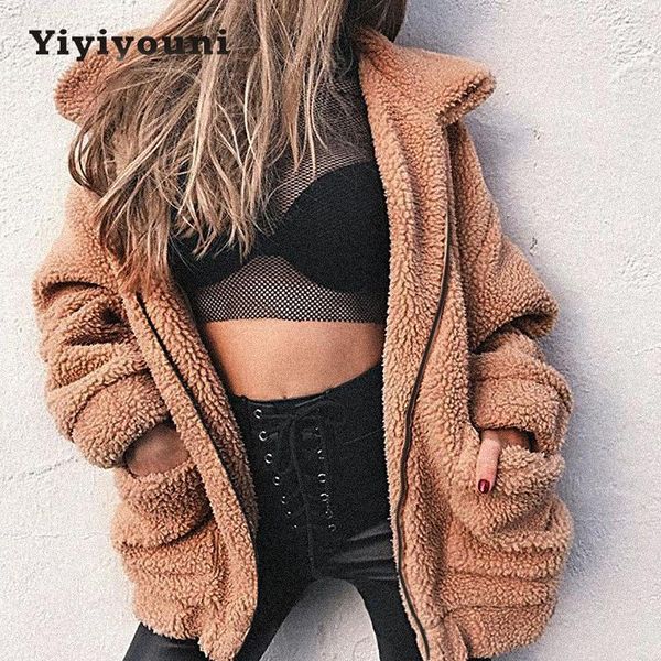 

women's fur & faux yiyiyouni autumn winter casual coat women zipper pocket jacket plus size warm soft plush overcoat female 20211, Black