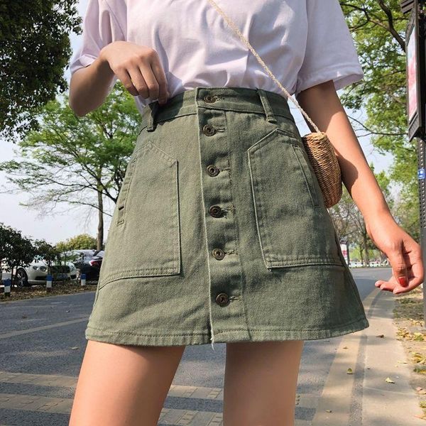 

denim skirt high waist a-line skirts women summer new arrivals single button pockets blue jean skirt style saia jeans s506031, Black