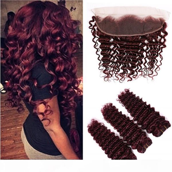 

wine red brazilian human hair deep wave weave bundles with frontal #99j burgundy deep wave human hair lace frontal closure 13x4 with bundles, Black;brown