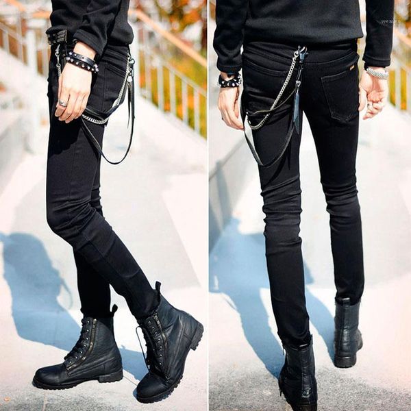 

selling mens slim fit jeans punk cool super skinny pants with chain for male1, Blue