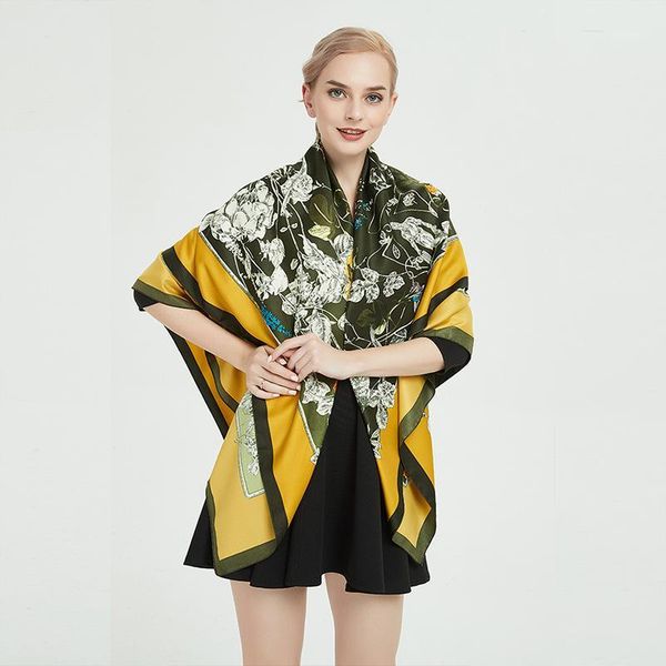 

scarf women satin silk square sunscreen 130 cm flower and bird jungle chiffon hijab scarf for girls1