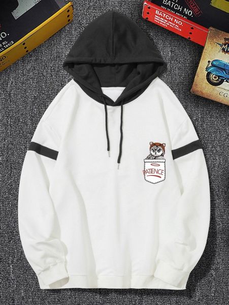 

men colorblock letter & owl print drawstring hoodie y5za#, Black