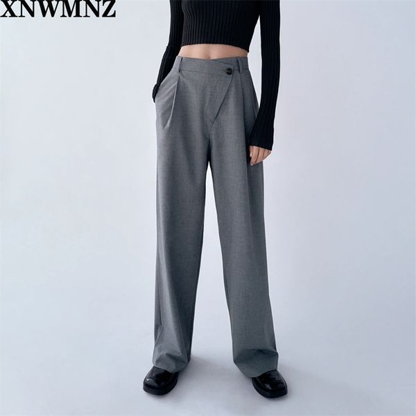 

xnwmnz za women 2020 wide-leg asymmetric high-waist trousers side pockets and false welt pockets at the back female ladies pants lj201029, Black;white