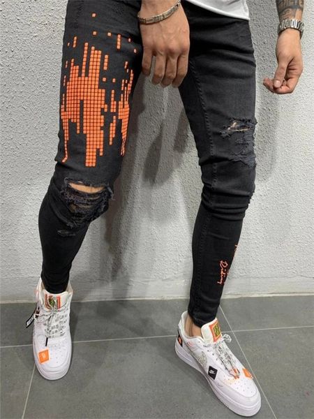 

mens jeans orange letter print ripped distressed motorcycle pants design elastic washed retro high street fashion denim pants, Blue