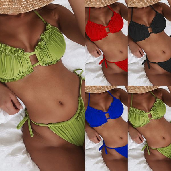 

ruffle two-piece suits 2022 bikini set pleated wavy solid neon swimsuit women halter bandage thong beachwear monokini swimwear push up, White;black
