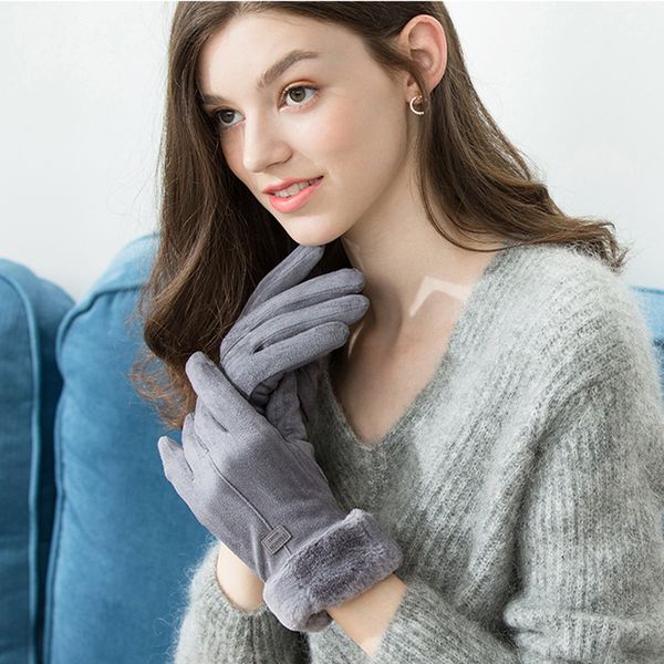 

for women touch screen lady suede warm plush inside finger female winter elegant soft black mittens gloves, Blue;gray