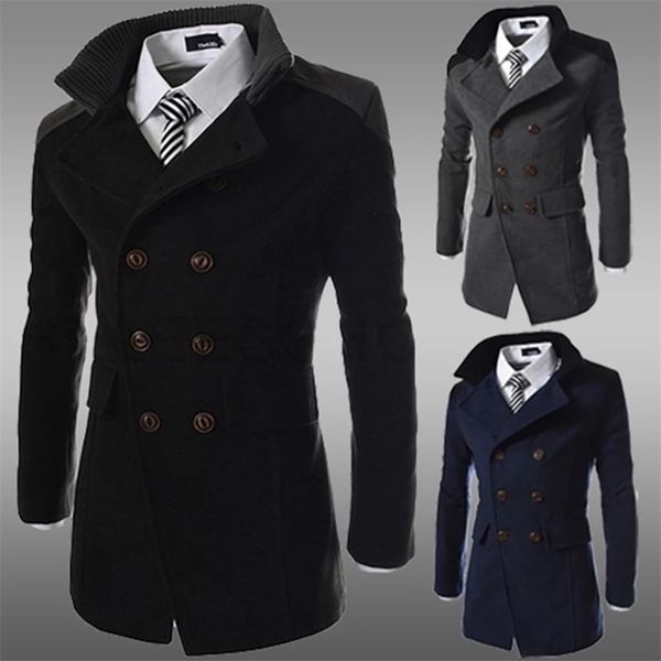 

winter men's wool coat slim casual long jacket warm woolen coats overcoat male wool double breasted winter coat men 201223, Black