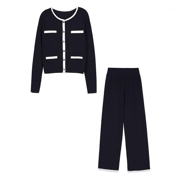 

perhaps u women o neck knitted button cardigan long sleeve black khaki wide leg pants set autumn elastic waist spring t00661, White