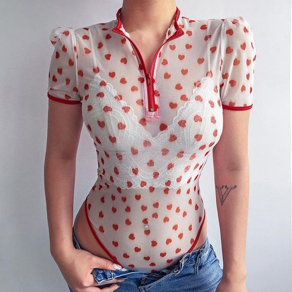 

women red heart pattern mesh bodysuit 2019 spring and summer cute sweet lantern sleeve white bodycon rompers with zippers1, Black;white