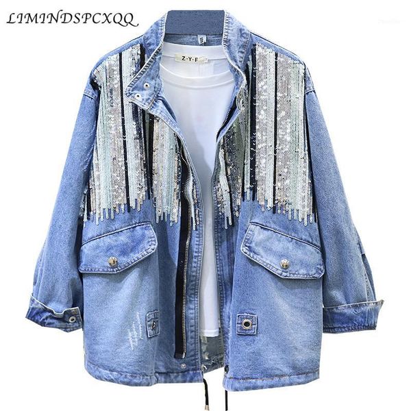 

2020 new sequins denim jacket women bomber jacket fashion long sleeves coats vintage hippie jeans colete ropa de mujer1, Black;brown