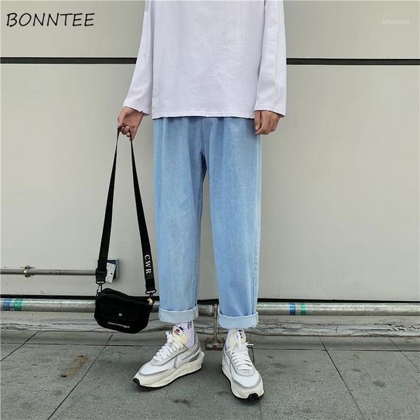 

men jeans denim straight loose solid all-match male streetwear casual trousers vintage korean style ulzzang button zipper1, Blue