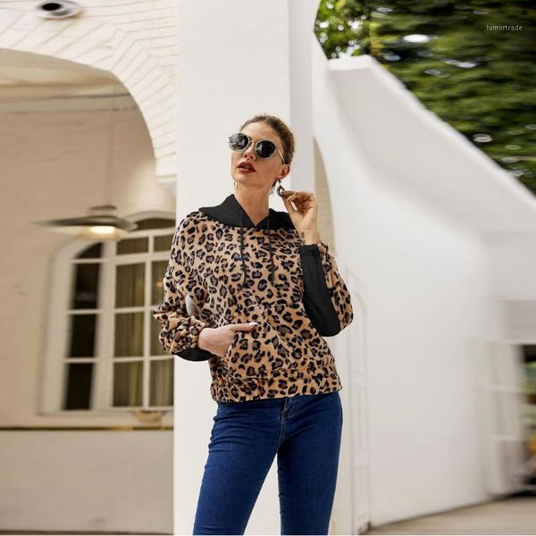 

women's hoodies & sweatshirts women's fashion loosen leopard print color block long-sleeved fleece hoodie pullovers 2021 fashion1, Black