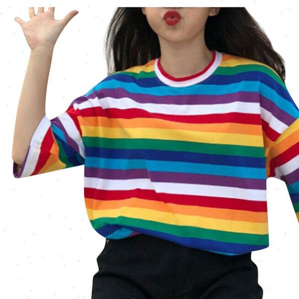 

new t shirt women rainbow striped harajuku tshirt 2021summer short sleeve korean punk t shirt camiseta feminina, White