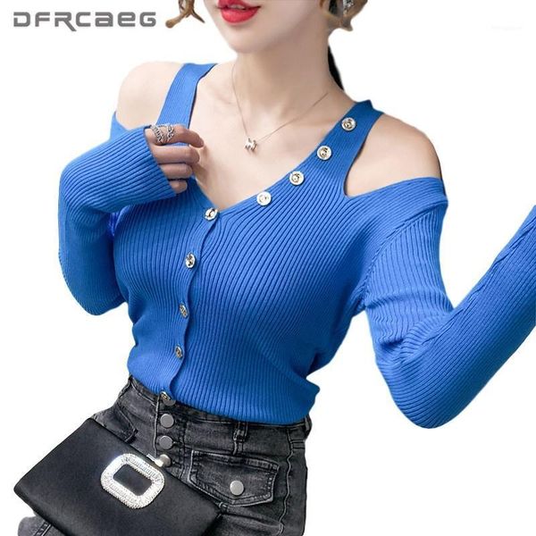 

off the shoulder women knitted 2020 autumn winter long sleeve button pullover bottoming knitwear thin sweaters clothes1, White;black