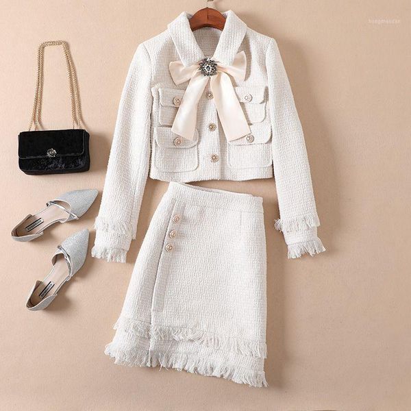 

brand lady wool 2 piece set winter women diamond bow gold single breasted short tweed jacket coat+tassel pencil skirt suit1, White