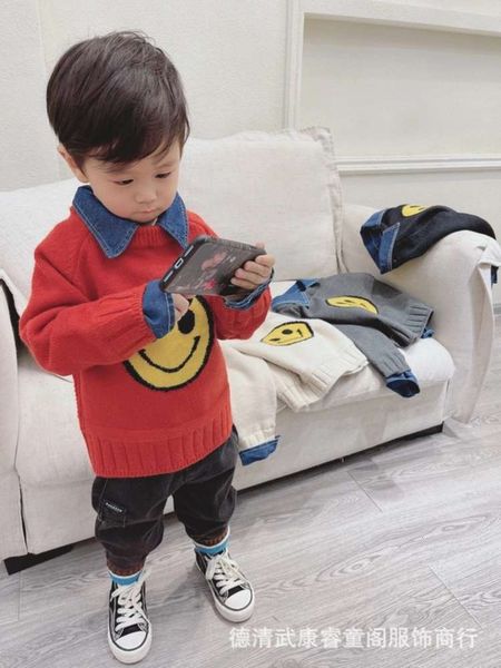 

2020 face jeans collar smile ruitongge children's winter new men's and women's net red knitted sweater 02ce, Blue