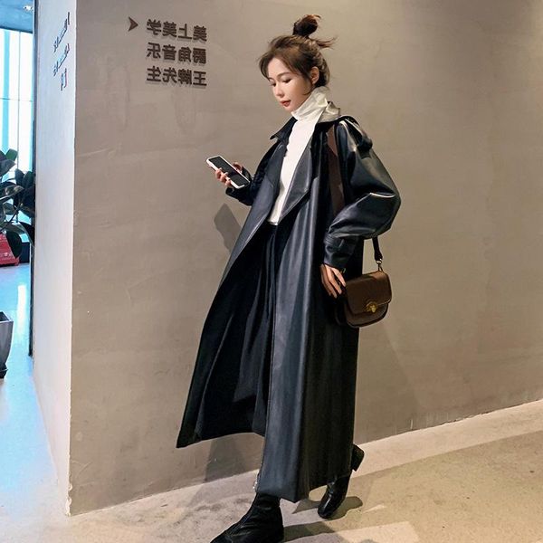 

quality autumn 2021 new korean style leisure fashion show thin british style goddess long leather windbreaker woman, Tan;black