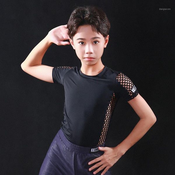 

2020 new latin dance costumes for boys short sleeve round neck black practice shirts latin dance competition dress dqs49531, Black;red