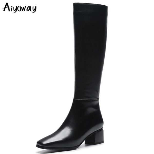 

boots genuine leather long boot square toe women keep warm riding knee high big size thick mid heel handsome black shoes aiyoway