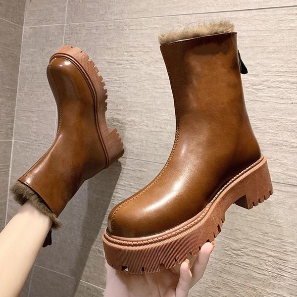 

zipper brand women's shoes white mid-calf boots booties woman 2020 high heels boots-women plush round toe winter footwear fashio, Black