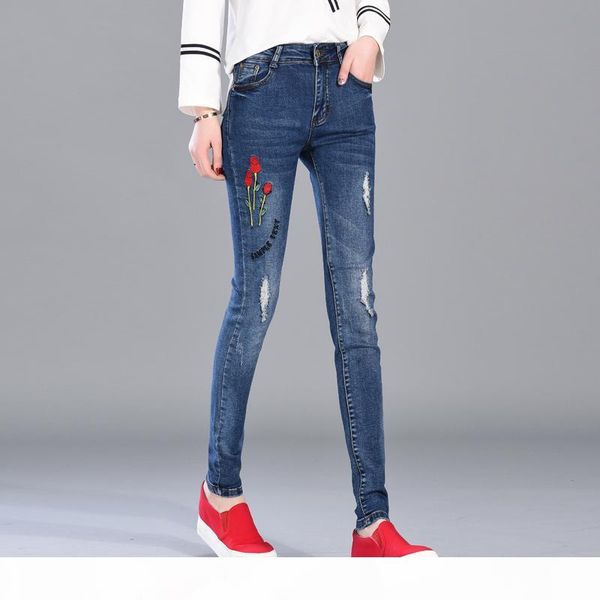

korean version jeans of the new spring rose embroidery girls feet jeans waist elastic long pants are all-match hole pants sale, Blue