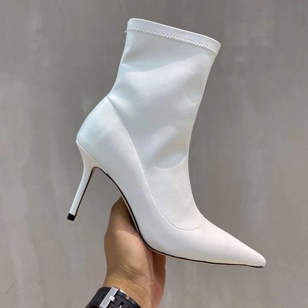 

womens white short ankle boot pointed toe lambskin high heel ladies famous designer fashion elastic boots for women shoes, Black