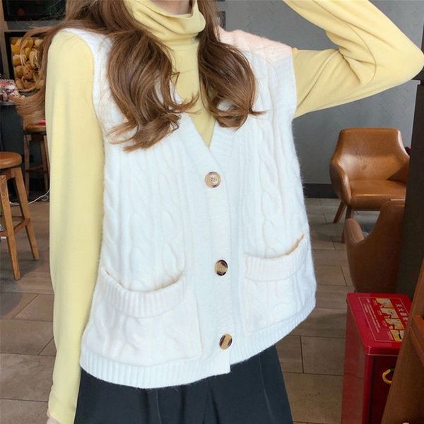 

korean fashion vest sweater women autumn all-match knitted cardigan vests sleeveless button pocket winter crop jacket y201128, Black;white