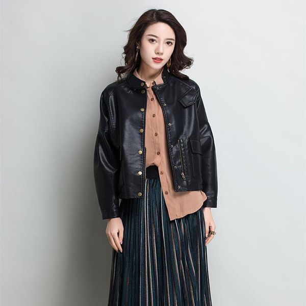 

jacket women casual long sleeve button slim coat 2020 spring autumn fashion pu leather bomber jackets outerwear1, Black