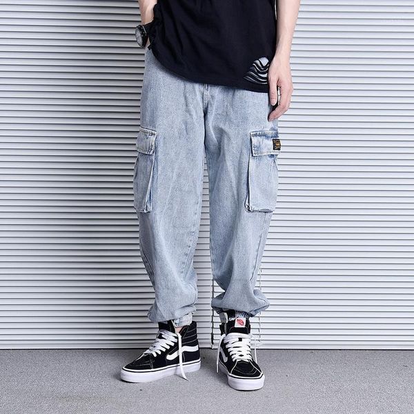 

japanese style fashion men jeans loose fit vintage designer cargo pants big pocket harem trousers streetwear hip hop jeans homme1, Blue