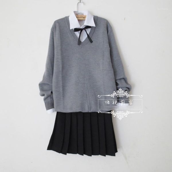 

japanese school uniform suit set gray pullover sweater + solid white long sleeve shirt + pure black pleated skirt1