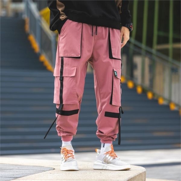 

autumn men's cargo pants polyester hip hop casual pants multi-pocket tassel teen fashion loose cargo trousers men 201126, Black