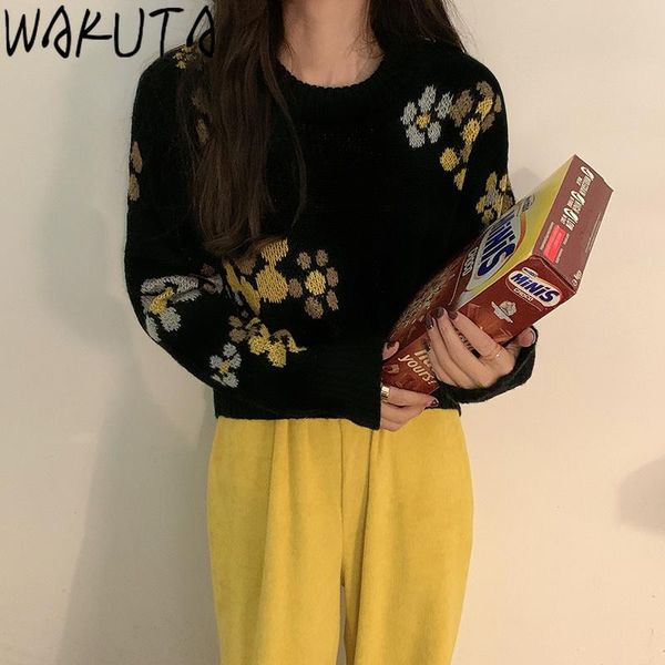 

wakuta loose autumn winter sweater women 2021 new korean chic floral knitted sweater oversized warm female pullovers all match, White;black