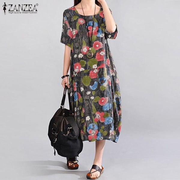 

party dresses zanzea women dress summer vintage floral printed sundress casual loose midi vestido plus size o neck short sleeve kaftan, White;black