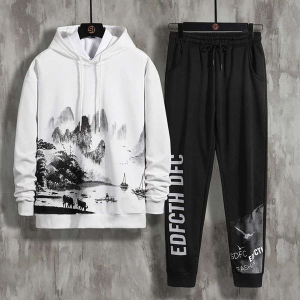 

casual autumn student loose sportswear men's hoodie two piece suit youth clothing trend, Gray