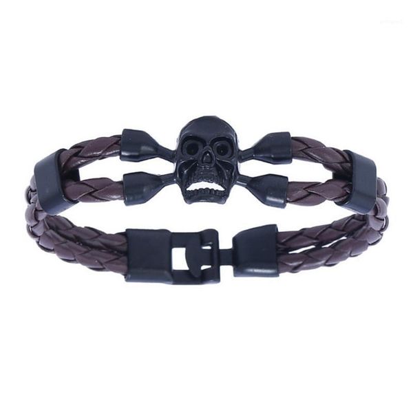 

charm bracelets vintage black skull bangles hand made length 21 cm leather bracelet skeleton men jewelry1, Golden;silver