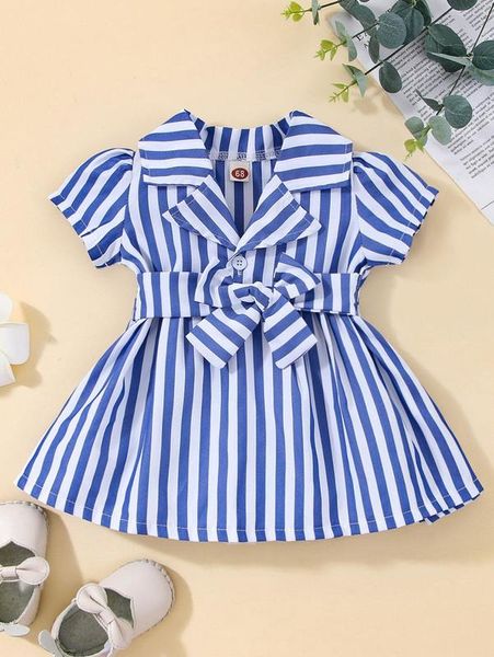 

baby striped lapel collar puff sleeve belted dress she, Red;yellow