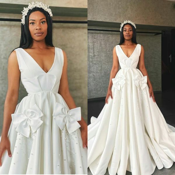 

elegant pearls beading wedding dresses satin v neck ruffles a line bridal gowns robes de mariÃ©e new fashion, White