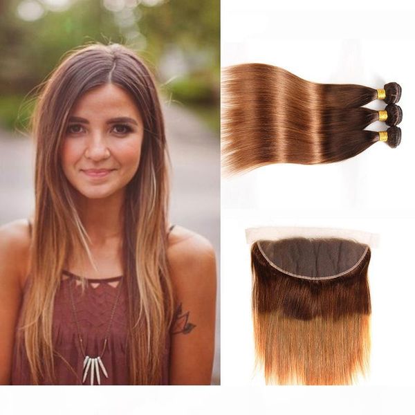 

straight ombre colored hair 3 bundles with 13x4 lace frontal #4 30 two tone ombre colors brazilian peruvian malaysian human hair weaves, Black;brown