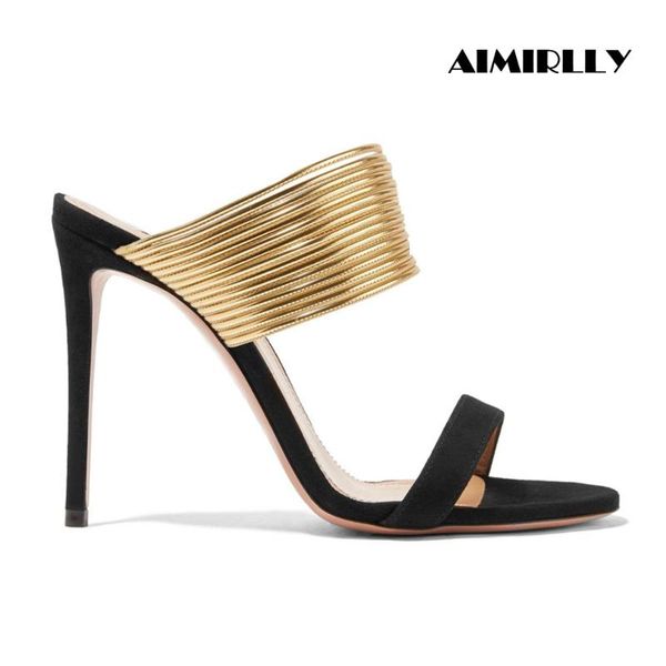 

sandals women's mules open toe high heels shoes metallic gold straps stilettos female summer party casual aimirlly, Black
