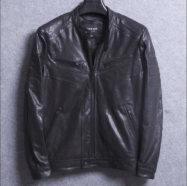 

youth men's genuine leather jacket short sheep skin stand collar leather coat fashion thin motorcycle jacket1, Black