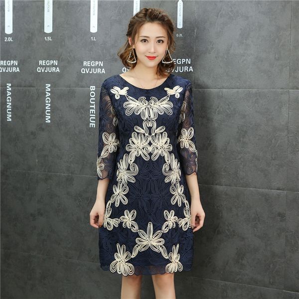 

Autum Knee-length Straight Embroidery Half Sleeve Round Neck Black Red Blue Pink Simple Elegant Plus Size Party Cocktail Dresses, Red beige