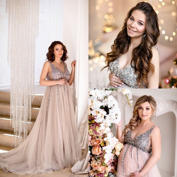 

maternity dresses for p shoot pregnant women pgraphy props custom made tulle with sequins weddiing party sleepwear, White