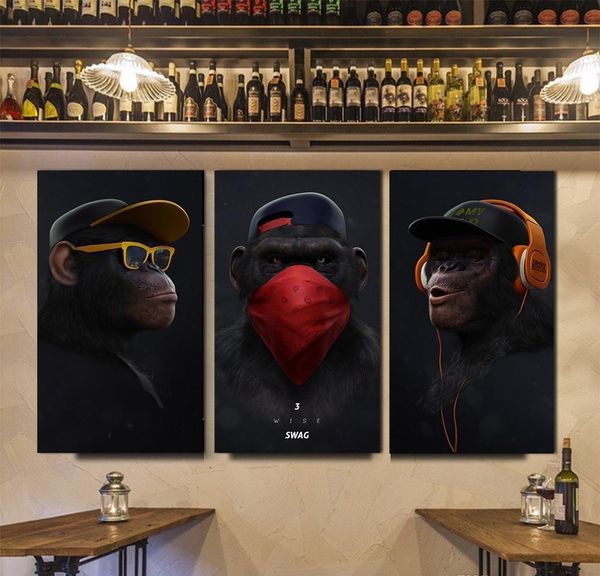 

panels 3 funny living with art decor prints canvas animal posters monkey room headphone thinking pictures wall canvas oil painting fo wmtww