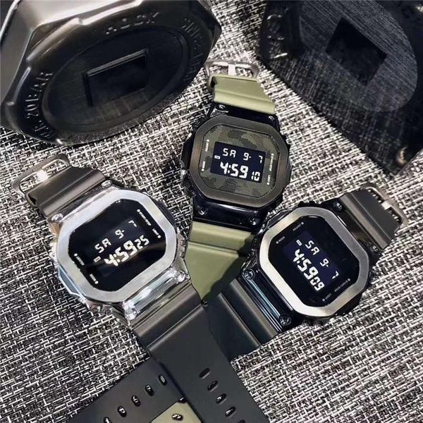 

electronic selling watch world digital military square time dual display watch men's pu led dw5600 strap vtfno, Slivery;brown